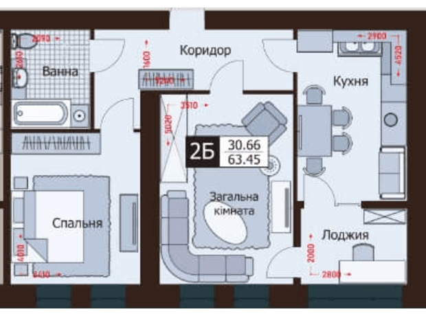 ЖК Rafinad: планування 2-кімнатної квартири 63.45 м²