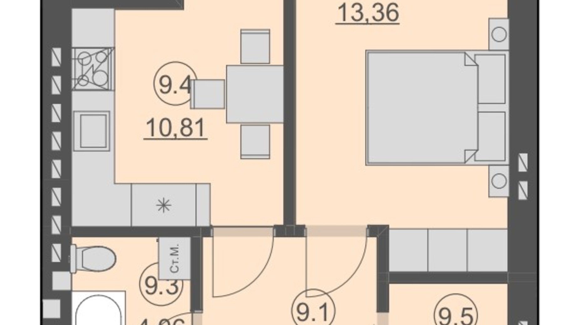 Планування 1-кімнатної квартири в КБ Cherry House 4 38.59 м², фото 496088