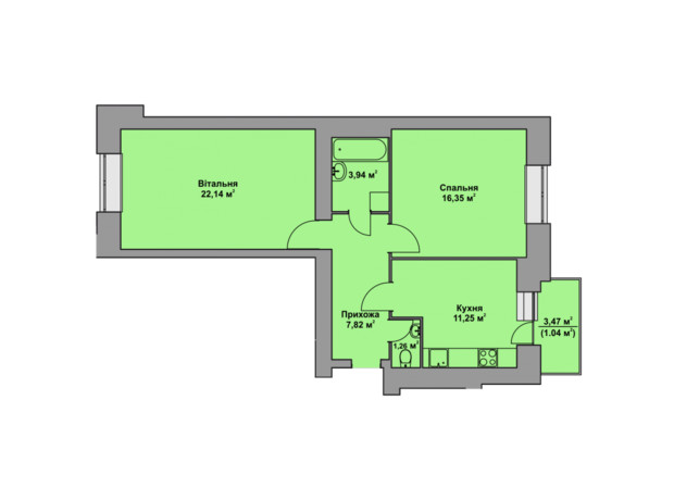 ЖК Комфорт Таун плюс: планування 2-кімнатної квартири 64.1 м²