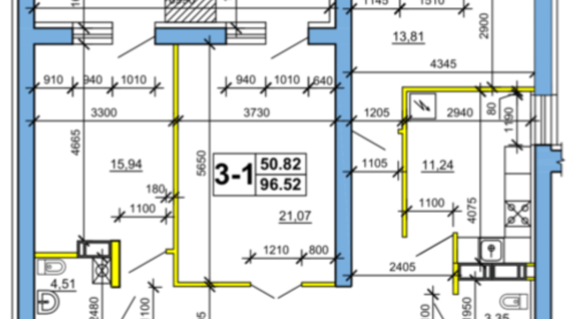 Планировка 3-комнатной квартиры в ЖК ул. Сергея Амброса 96.52 м², фото 496144