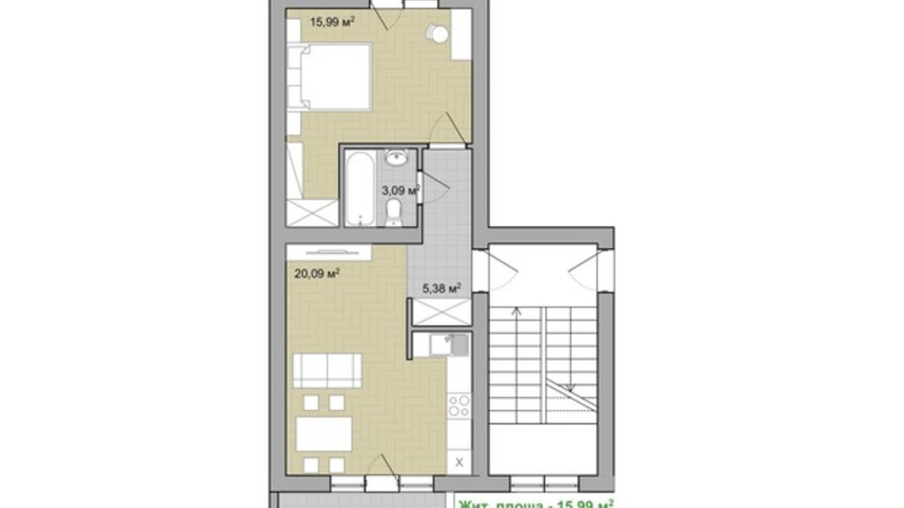 Планировка 1-комнатной квартиры в ЖК Долина Троянд 44.6 м², фото 496625