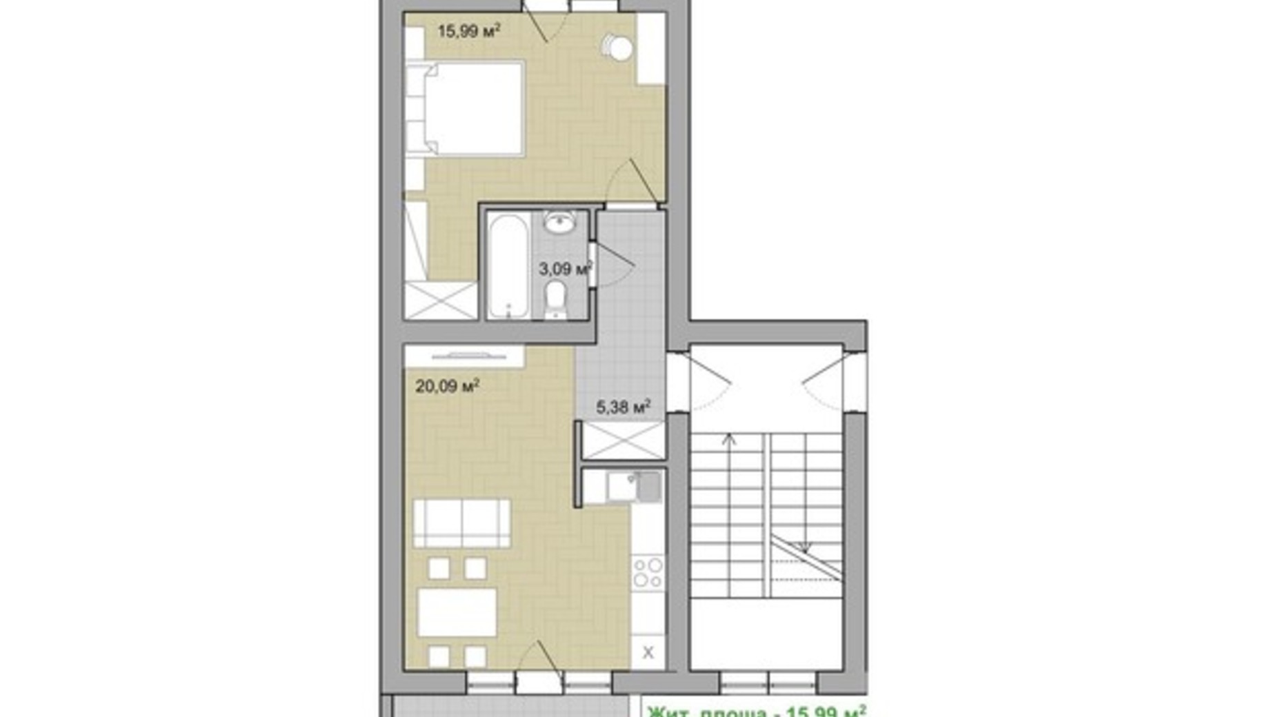 Планування 1-кімнатної квартири в ЖК Долина Троянд 44.6 м², фото 496635