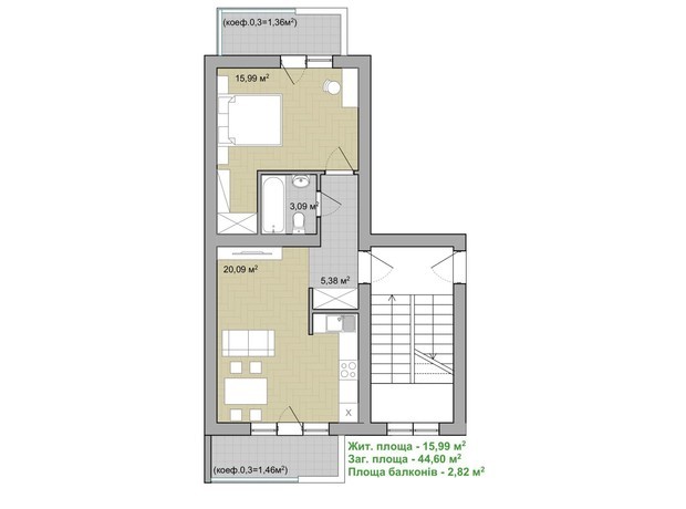 ЖК Долина Троянд: планировка 1-комнатной квартиры 44.6 м²