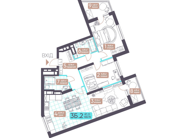 ЖК Теремки: планировка 3-комнатной квартиры 103.7 м²