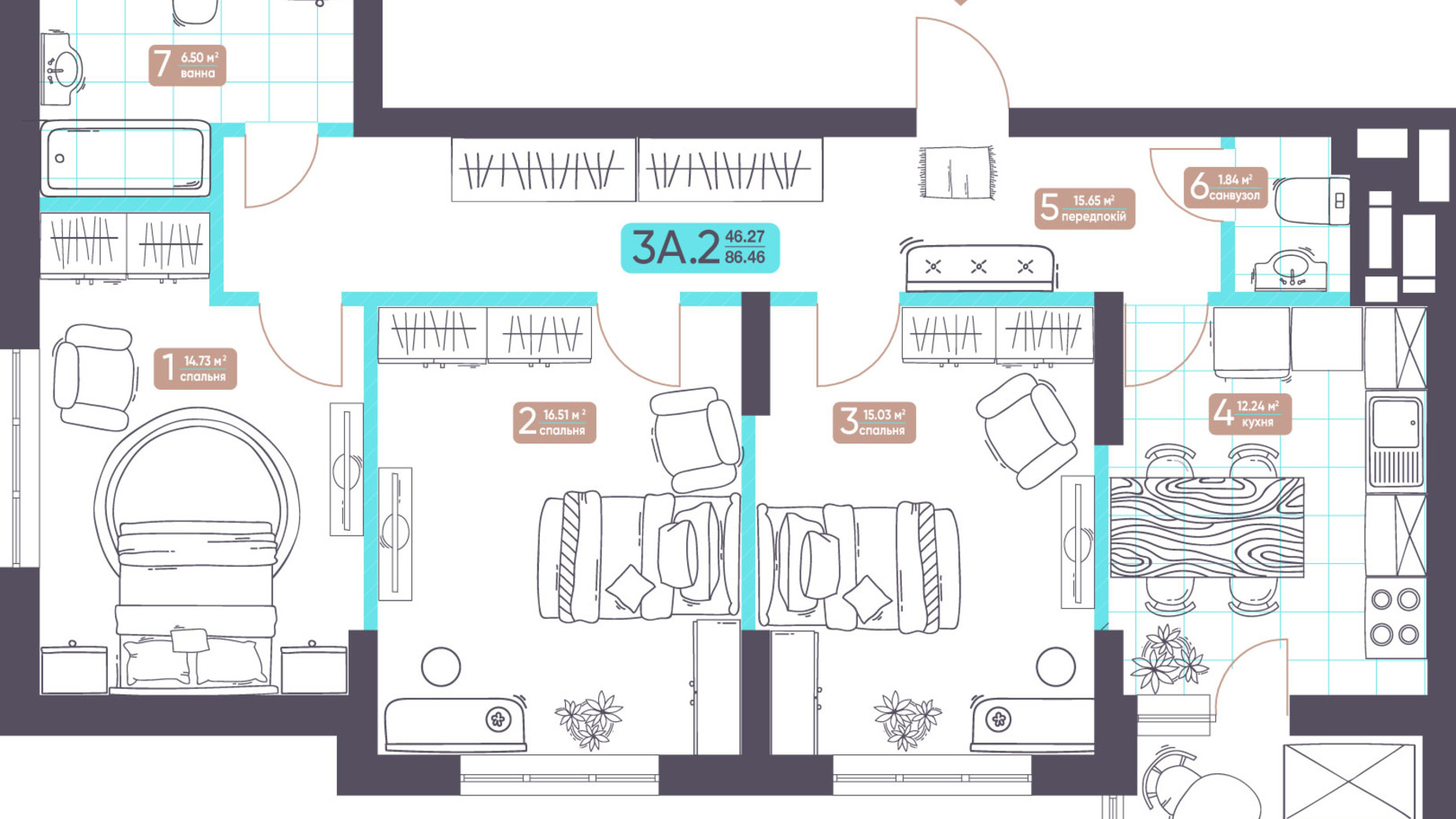 Планировка 3-комнатной квартиры в ЖК Теремки 86.46 м², фото 496676
