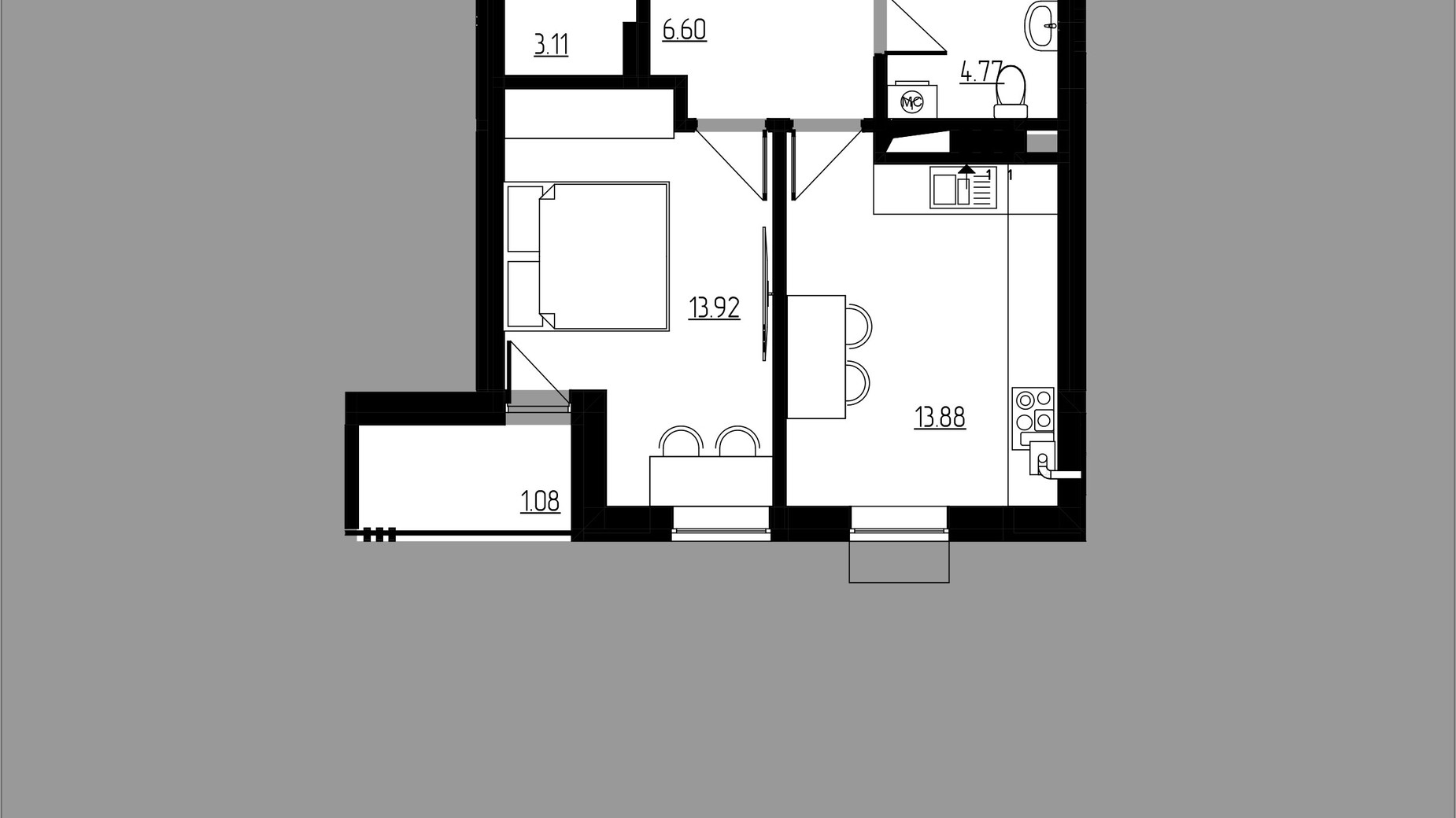 Планировка 1-комнатной квартиры в ЖК City Lux 43.85 м², фото 496714