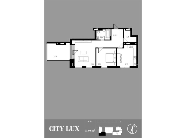 ЖК City Lux: планировка 2-комнатной квартиры 75.9 м²