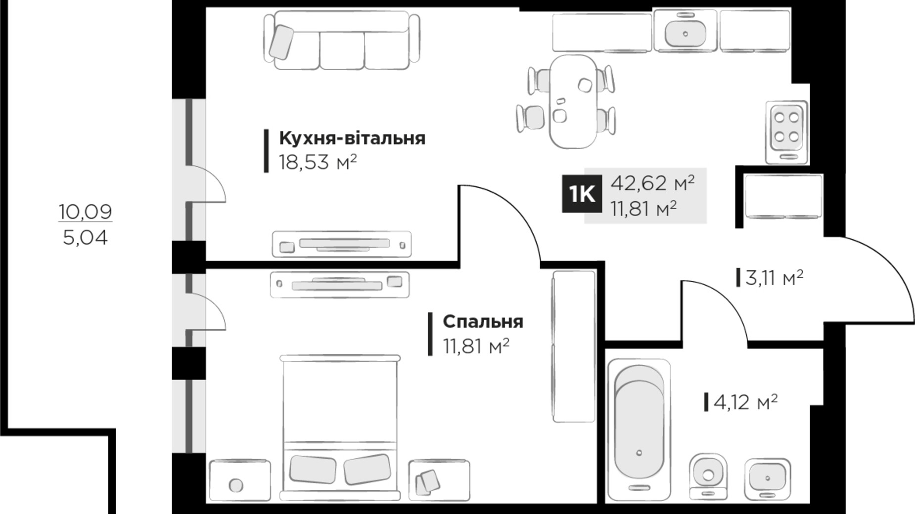 Планування 1-кімнатної квартири в ЖК PERFECT LIFE 42.62 м², фото 496830