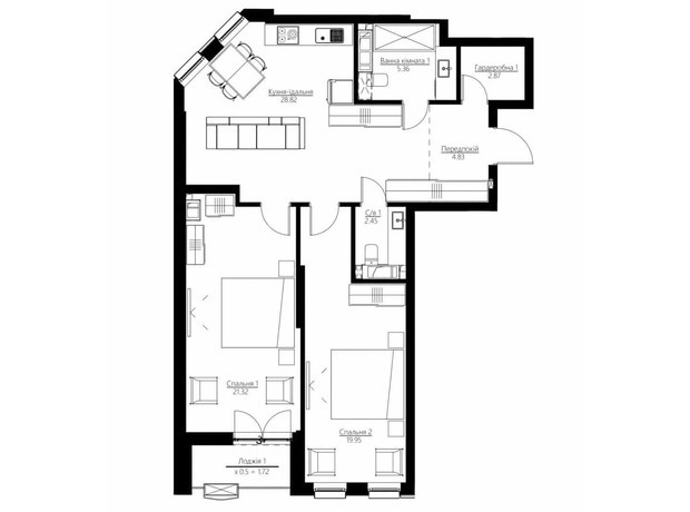ЖК Happy House: планування 2-кімнатної квартири 87.32 м²