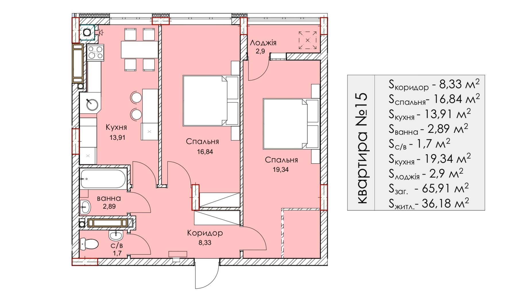 Планування 2-кімнатної квартири в ЖК Комфорт Плюс 65.91 м², фото 497115