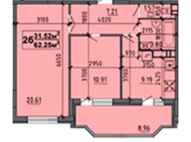 ЖК ул. Тараскова, 5: планировка 2-комнатной квартиры 62.25 м²