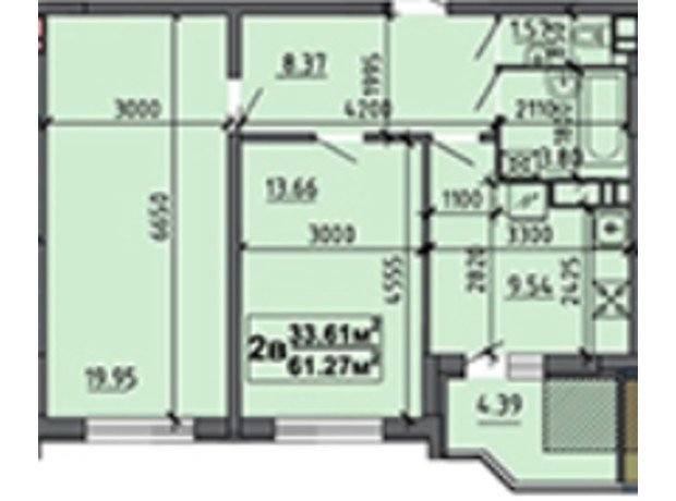 ЖК вул. Тараскова, 5: планування 2-кімнатної квартири 61.28 м²