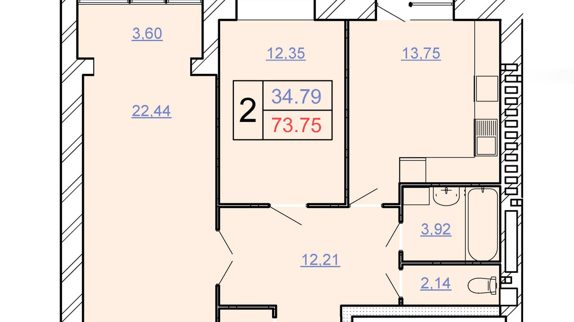 Планування 2-кімнатної квартири в ЖБК Щасливий 73.75 м², фото 497326