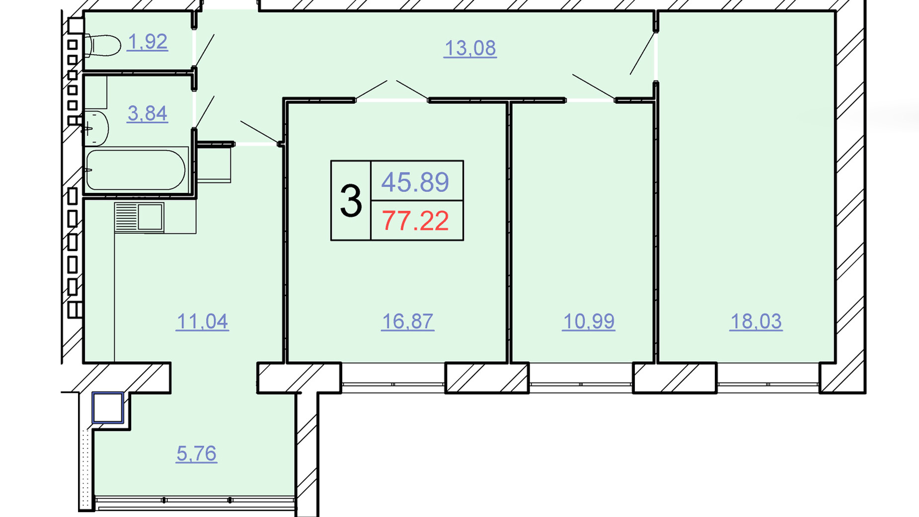 Планировка 3-комнатной квартиры в ЖСК Счастливый 77.22 м², фото 497327