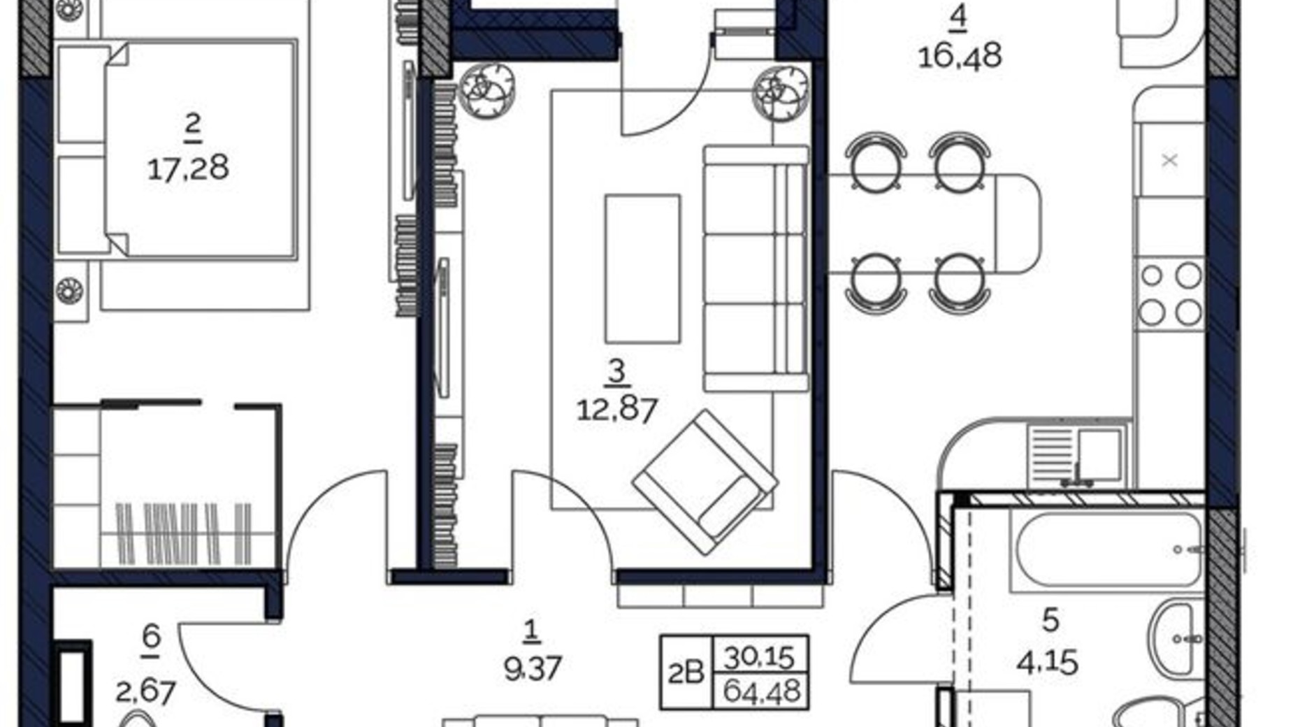 Планування 2-кімнатної квартири в ЖК Polaris Home&Plaza 64.48 м², фото 497369