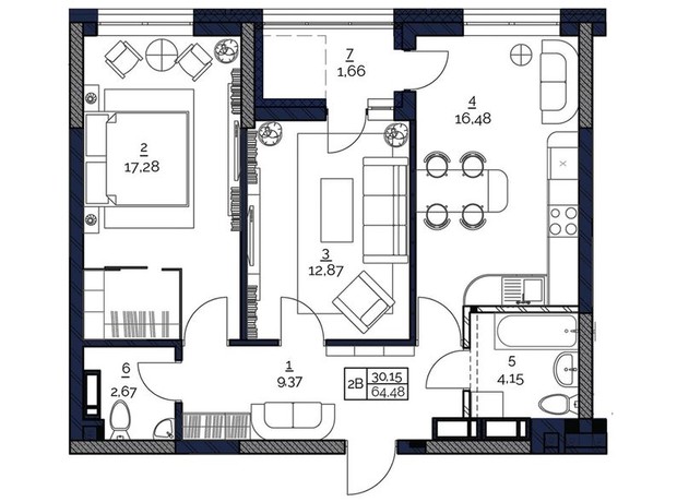 ЖК Polaris Home&Plaza: планировка 2-комнатной квартиры 64.48 м²