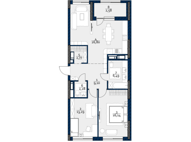 ЖК Polaris Home&Plaza: планировка 2-комнатной квартиры 79.45 м²