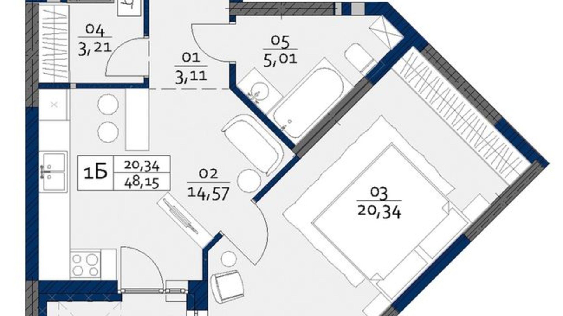 Планування 1-кімнатної квартири в ЖК Polaris Home&Plaza 48.15 м², фото 497374