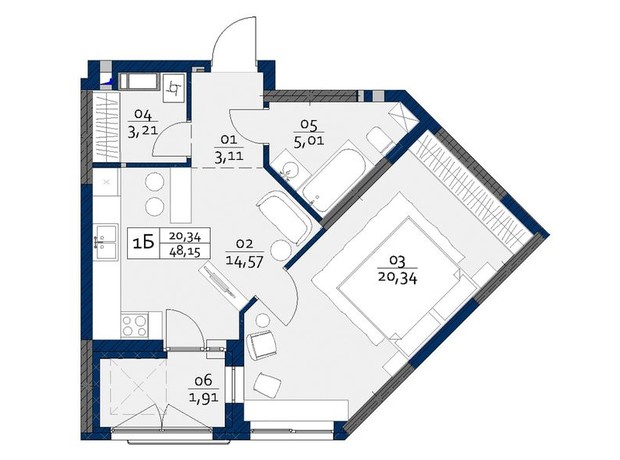 ЖК Polaris Home&Plaza: планировка 1-комнатной квартиры 48.15 м²