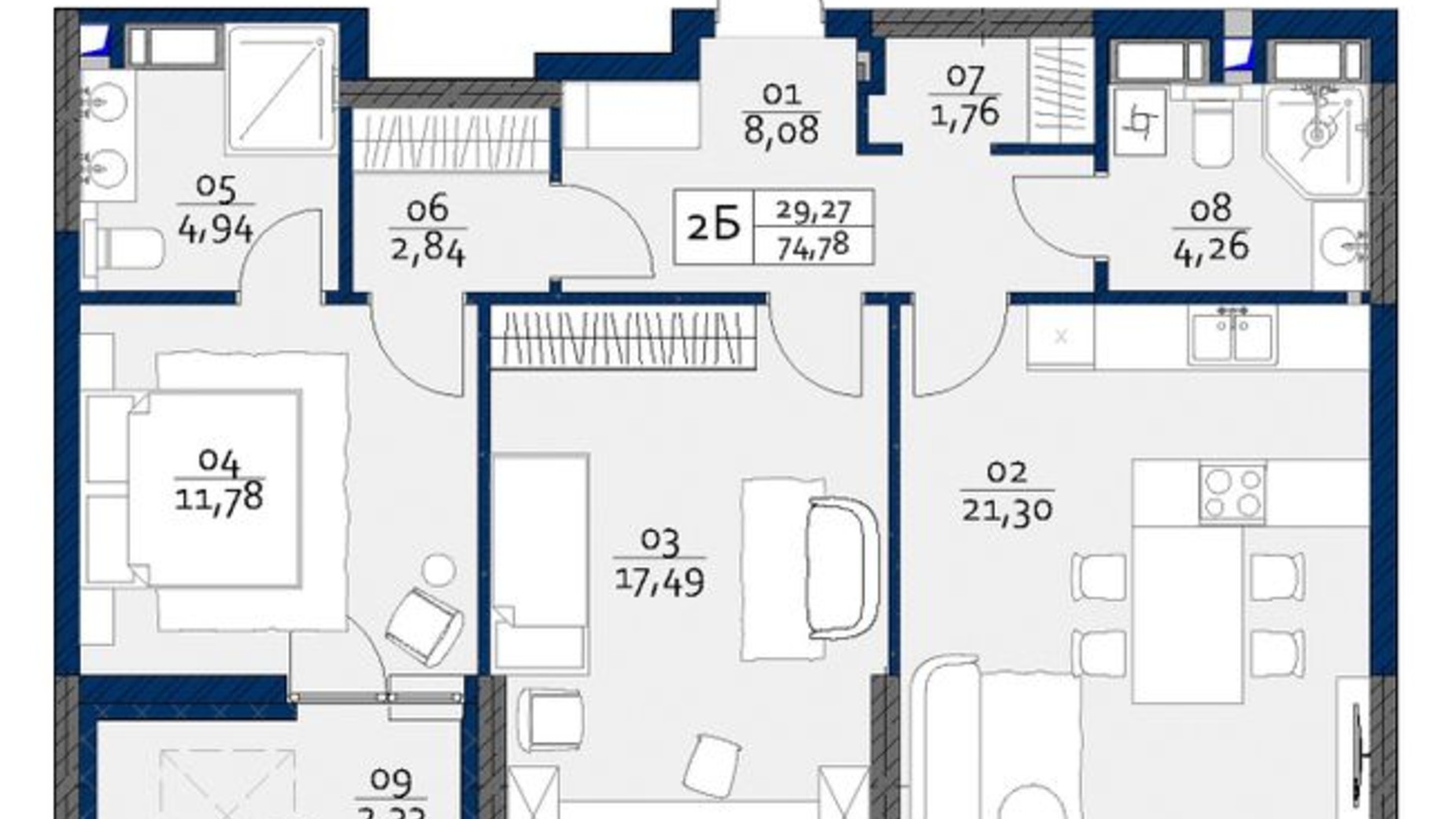 Планировка 2-комнатной квартиры в ЖК Polaris Home&Plaza 74.78 м², фото 497375