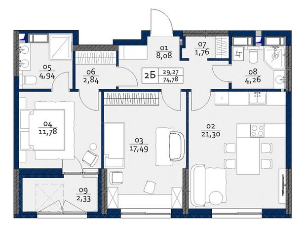 ЖК Polaris Home&Plaza: планировка 2-комнатной квартиры 74.78 м²