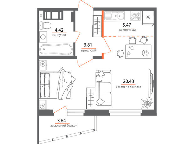 ЖК Welcome Home на Стеценка: планування 1-кімнатної квартири 37.05 м²