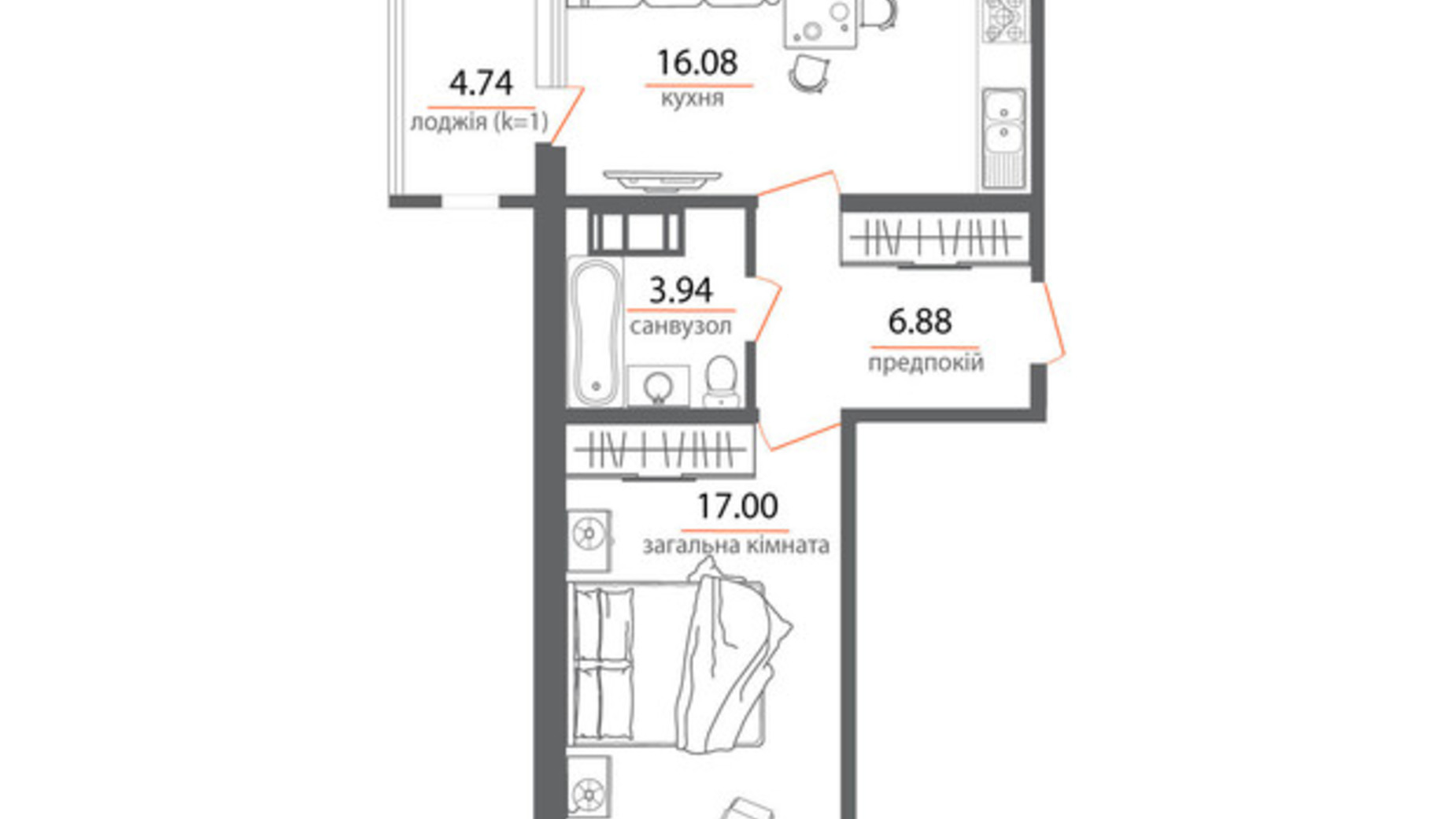 Планировка 1-комнатной квартиры в ЖК Welcome Home на Стеценко 48.64 м², фото 497583