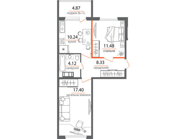 ЖК Welcome Home на Стеценко: планировка 2-комнатной квартиры 56.44 м²