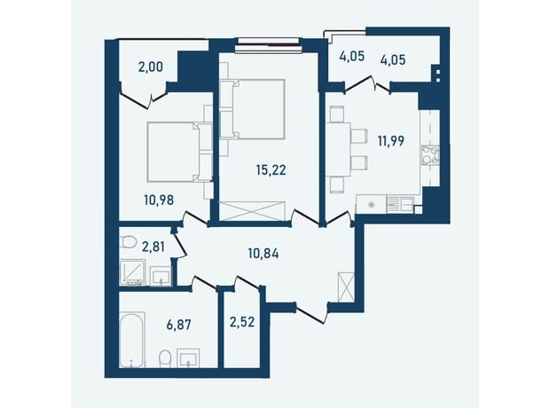 ЖК Престижний 2: планування 2-кімнатної квартири 67.28 м²