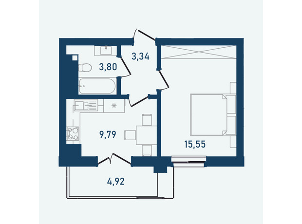 ЖК Престижний 2: планування 1-кімнатної квартири 37.4 м²
