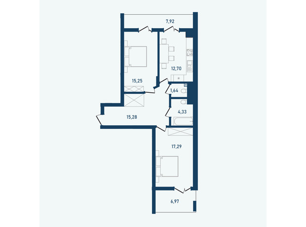 ЖК Престижный 2: планировка 2-комнатной квартиры 81.38 м²