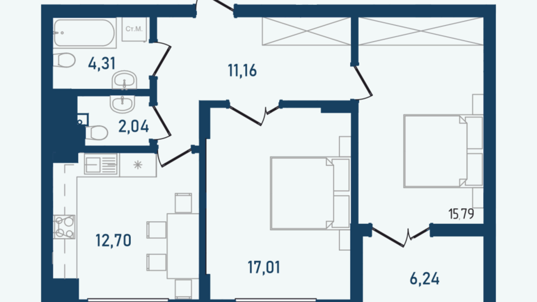 Планування 2-кімнатної квартири в ЖК Престижний 2 69.25 м², фото 498200