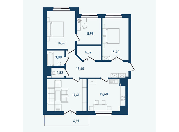 ЖК Престижний 2: планування 3-кімнатної квартири 105.39 м²