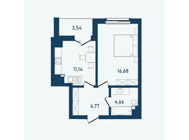 ЖК Престижний 2: планування 1-кімнатної квартири 42.79 м²