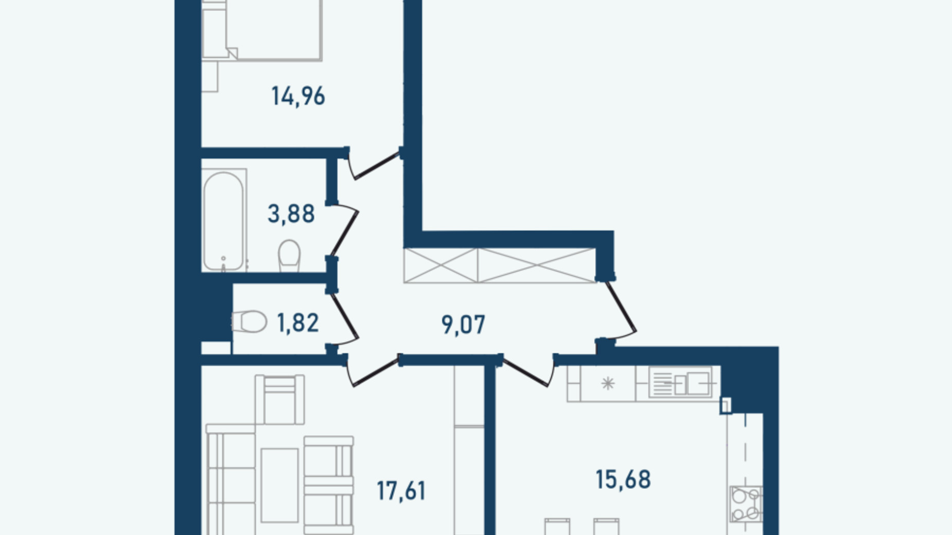 Планировка 2-комнатной квартиры в ЖК Престижный 2 69.73 м², фото 498208