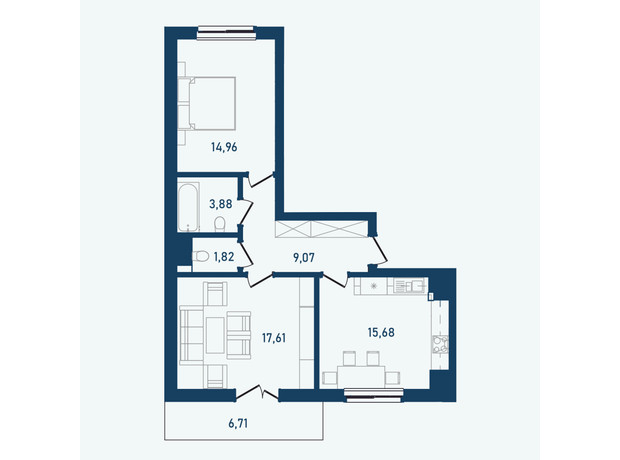 ЖК Престижний 2: планування 2-кімнатної квартири 69.73 м²