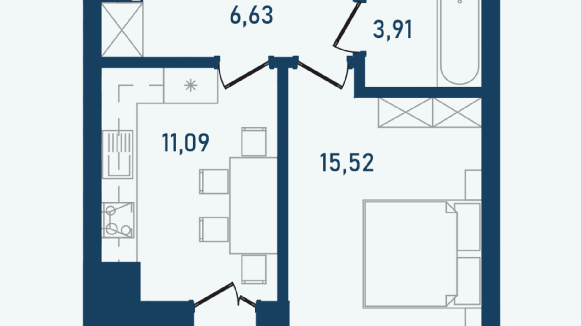 Планування 1-кімнатної квартири в ЖК Престижний 2 40.4 м², фото 498211