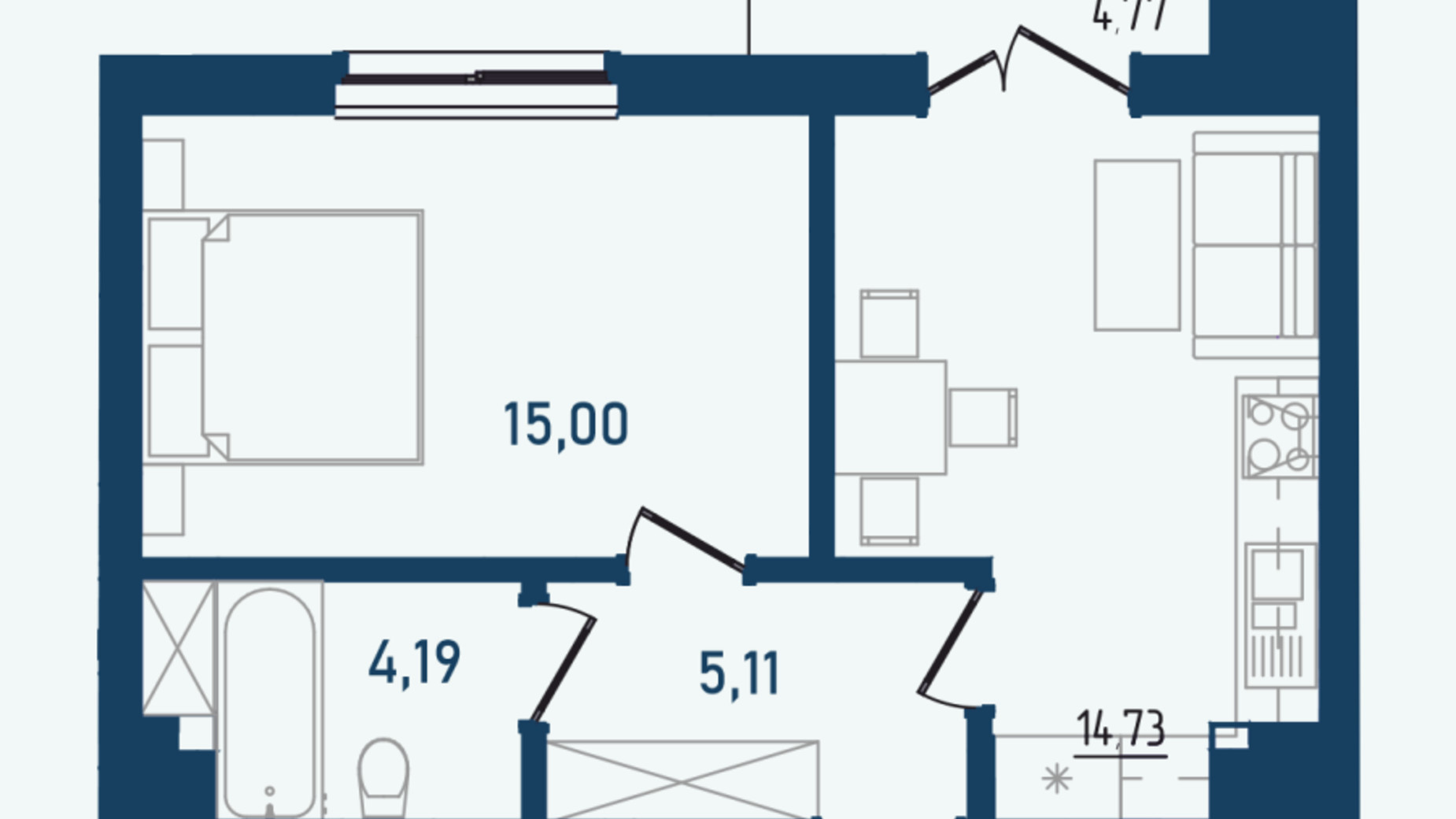 Планування 1-кімнатної квартири в ЖК Престижний 2 43.8 м², фото 498212