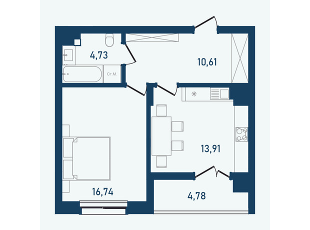 ЖК Престижний 2: планування 1-кімнатної квартири 50.77 м²