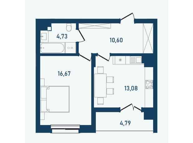 ЖК Престижний 2: планування 1-кімнатної квартири 50.59 м²