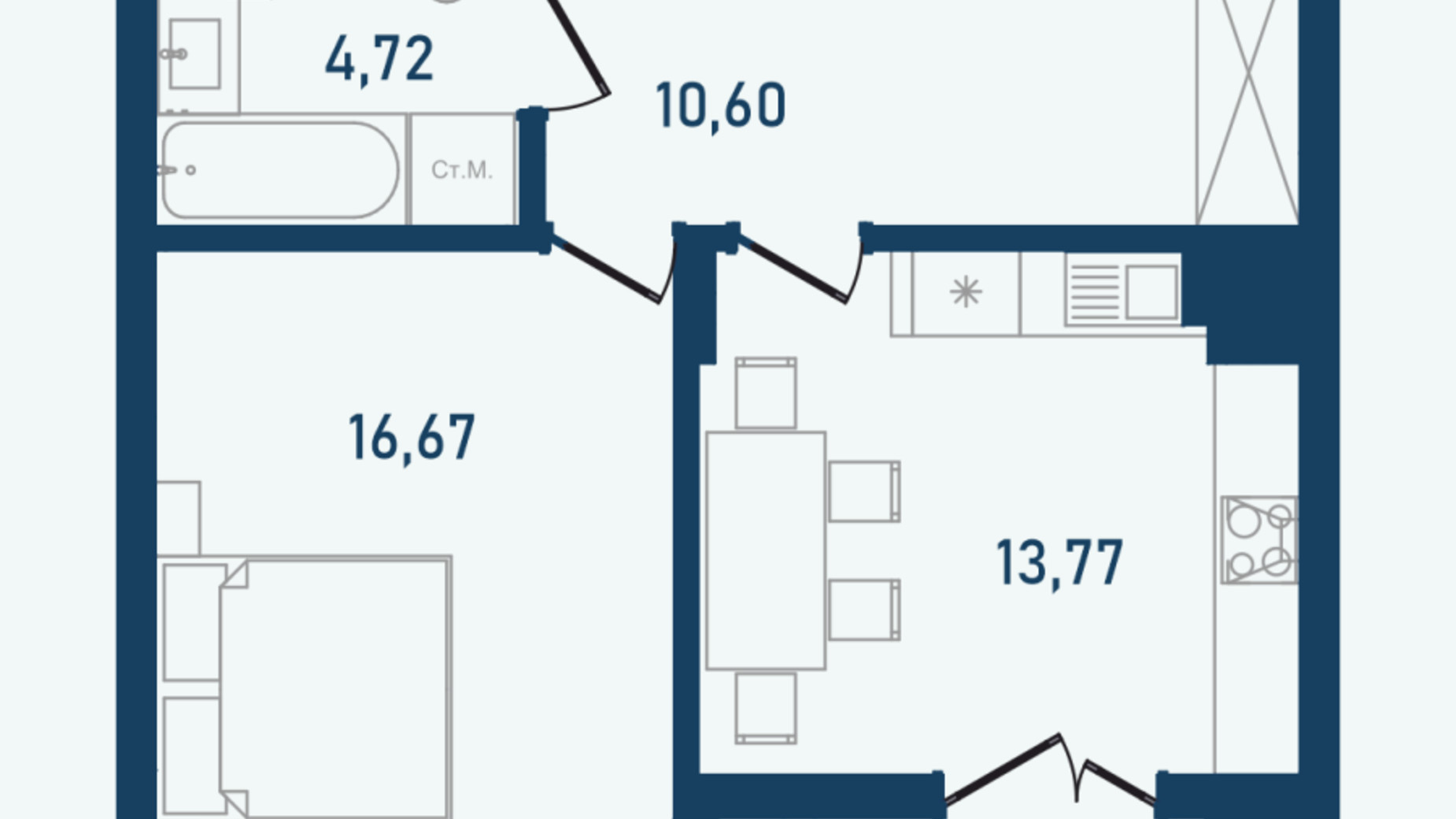 Планування 1-кімнатної квартири в ЖК Престижний 2 50.55 м², фото 498225