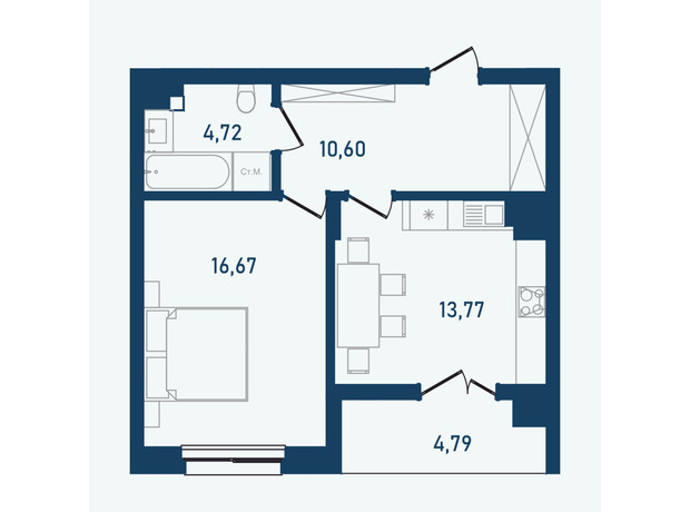 ЖК Престижний 2: планування 1-кімнатної квартири 50.55 м²