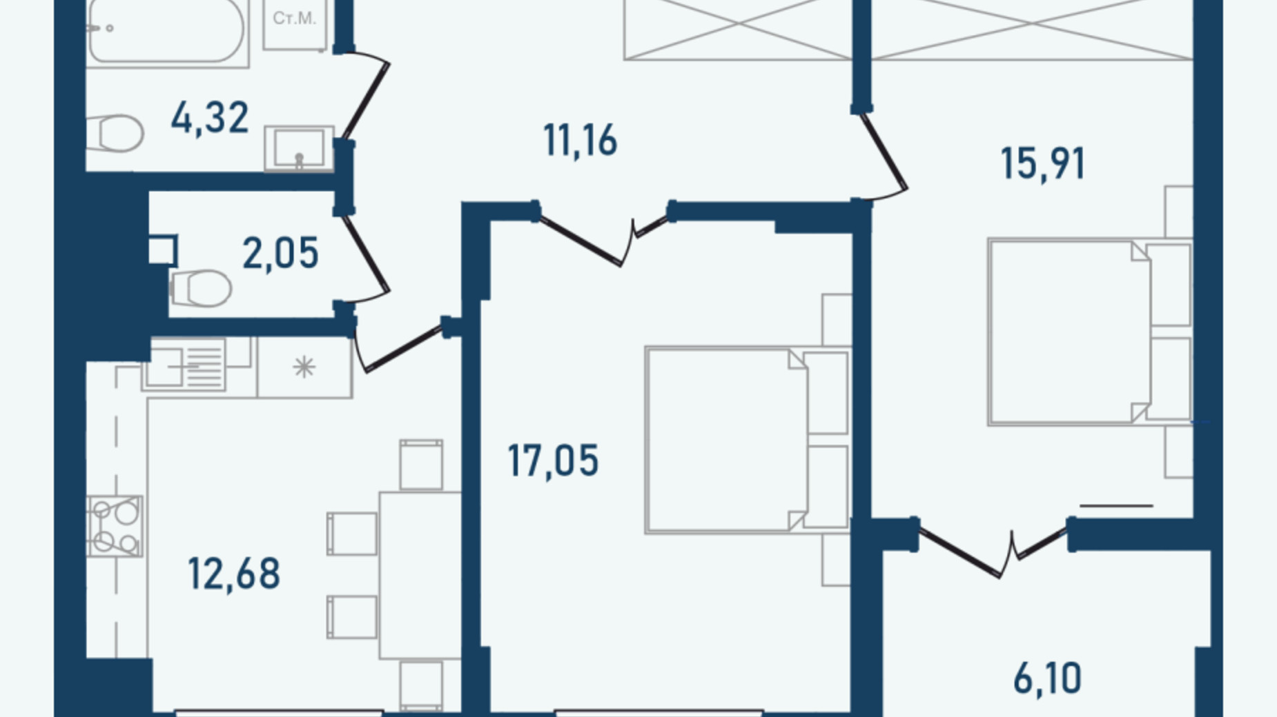 Планування 2-кімнатної квартири в ЖК Престижний 2 69.27 м², фото 498228