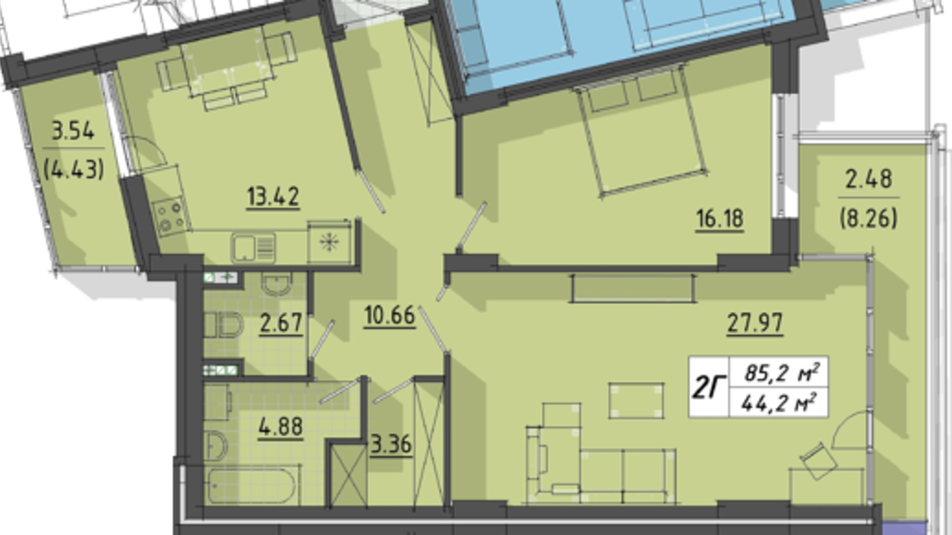 Планировка 2-комнатной квартиры в ЖК Централ Холл 85.2 м², фото 498326