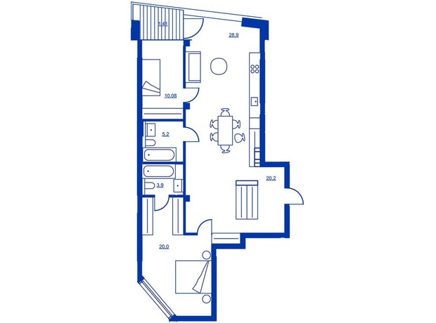 Жилой район Rybalsky: планировка 2-комнатной квартиры 89.69 м²