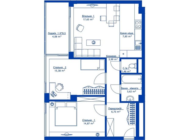 Житловий район Rybalsky: планування 3-кімнатної квартири 75.61 м²