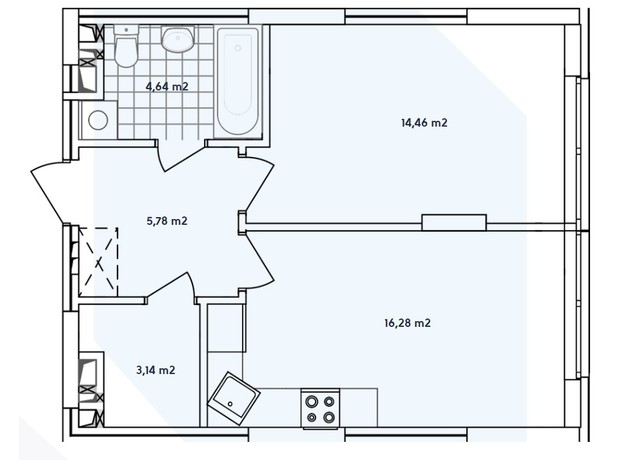 ЖК Варшавский 2: планировка 1-комнатной квартиры 44.3 м²