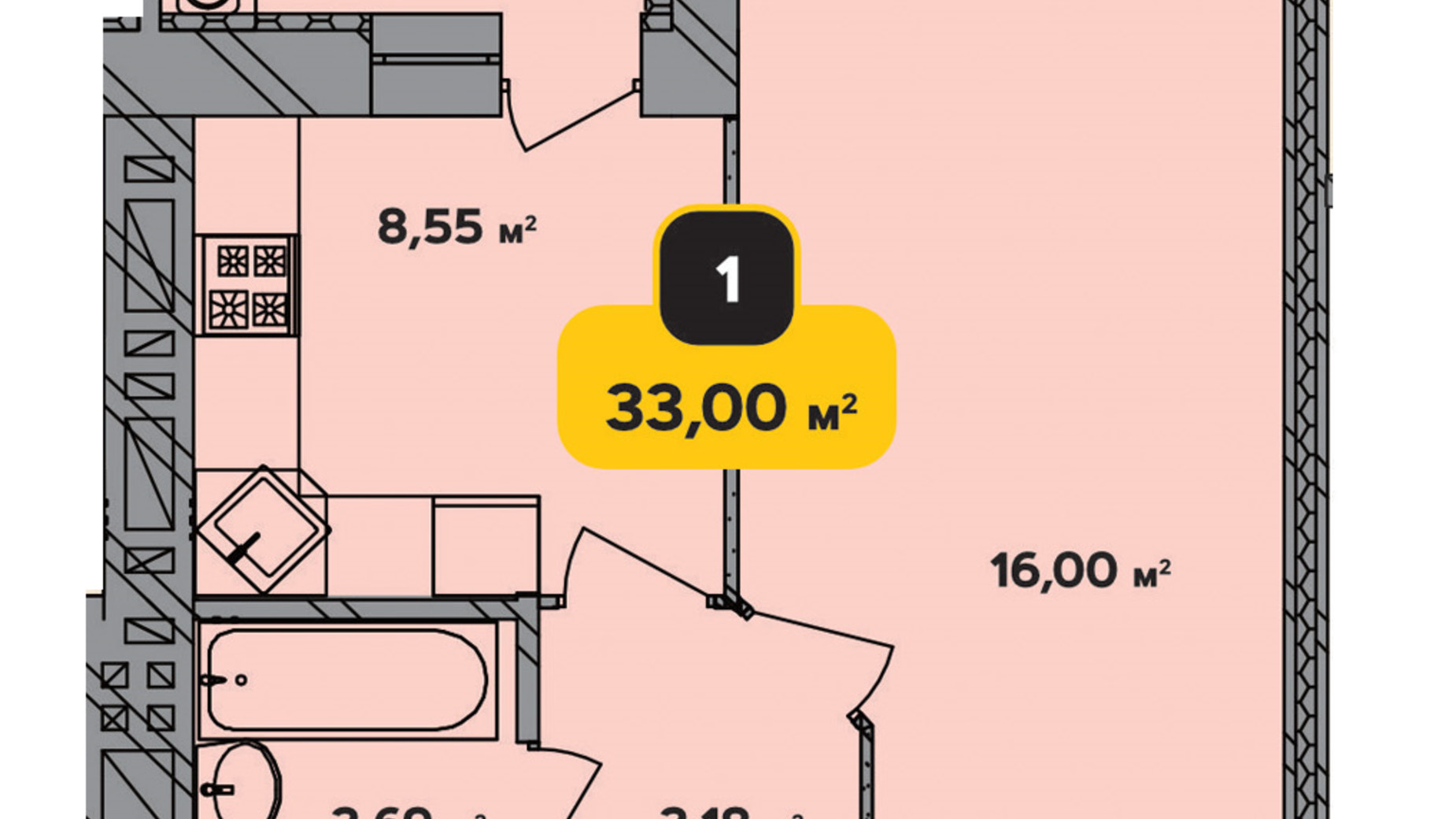 Планування 1-кімнатної квартири в ЖК Студентський 33 м², фото 498986