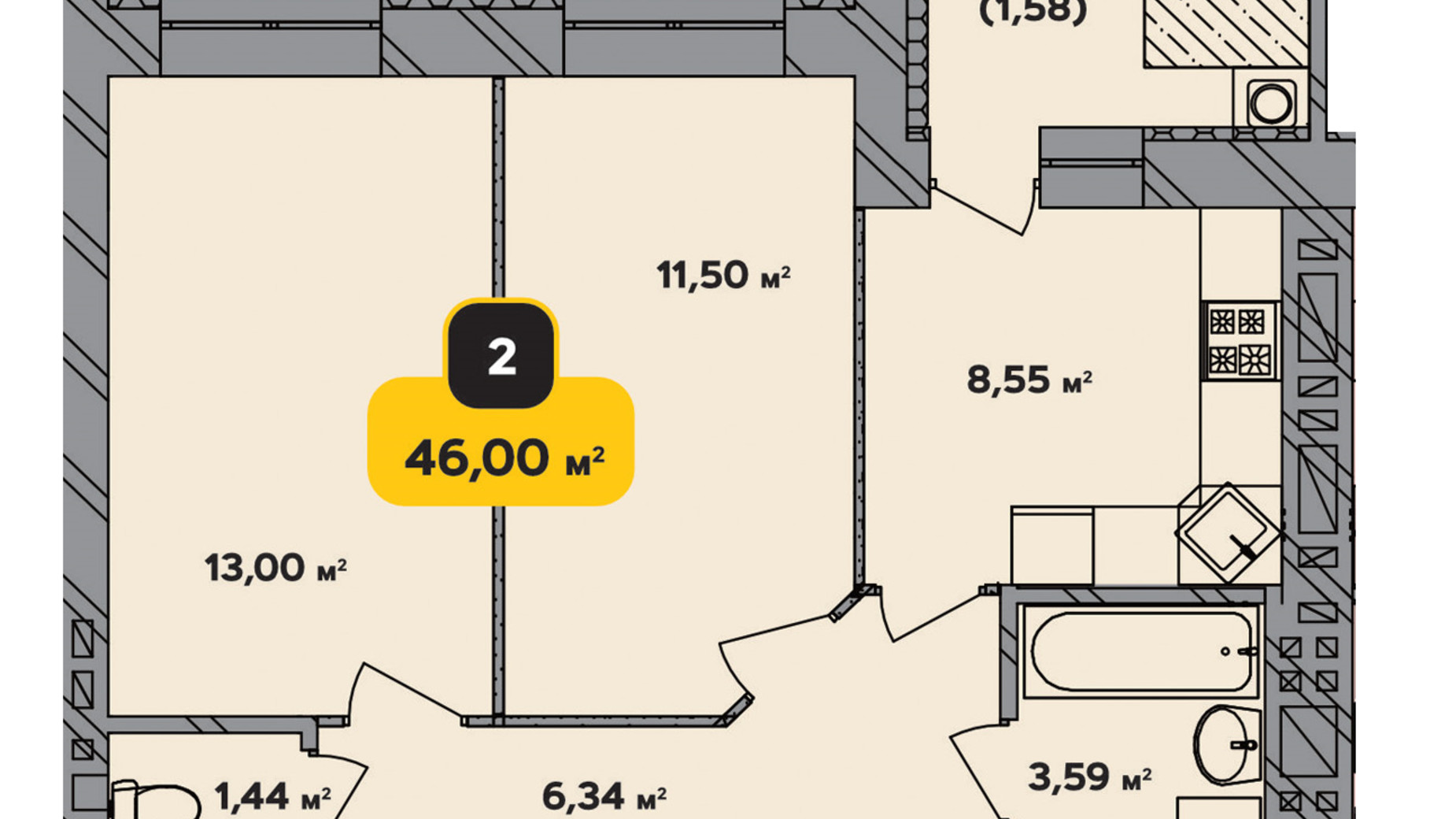 Планування 2-кімнатної квартири в ЖК Студентський 46 м², фото 498987