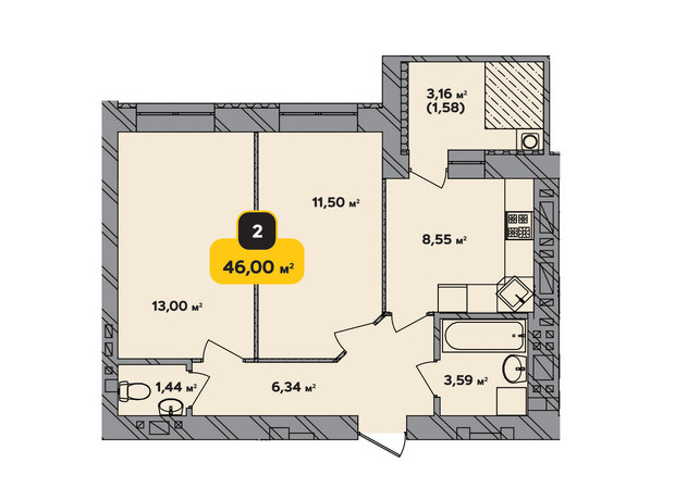 ЖК Студентський: планування 2-кімнатної квартири 46 м²